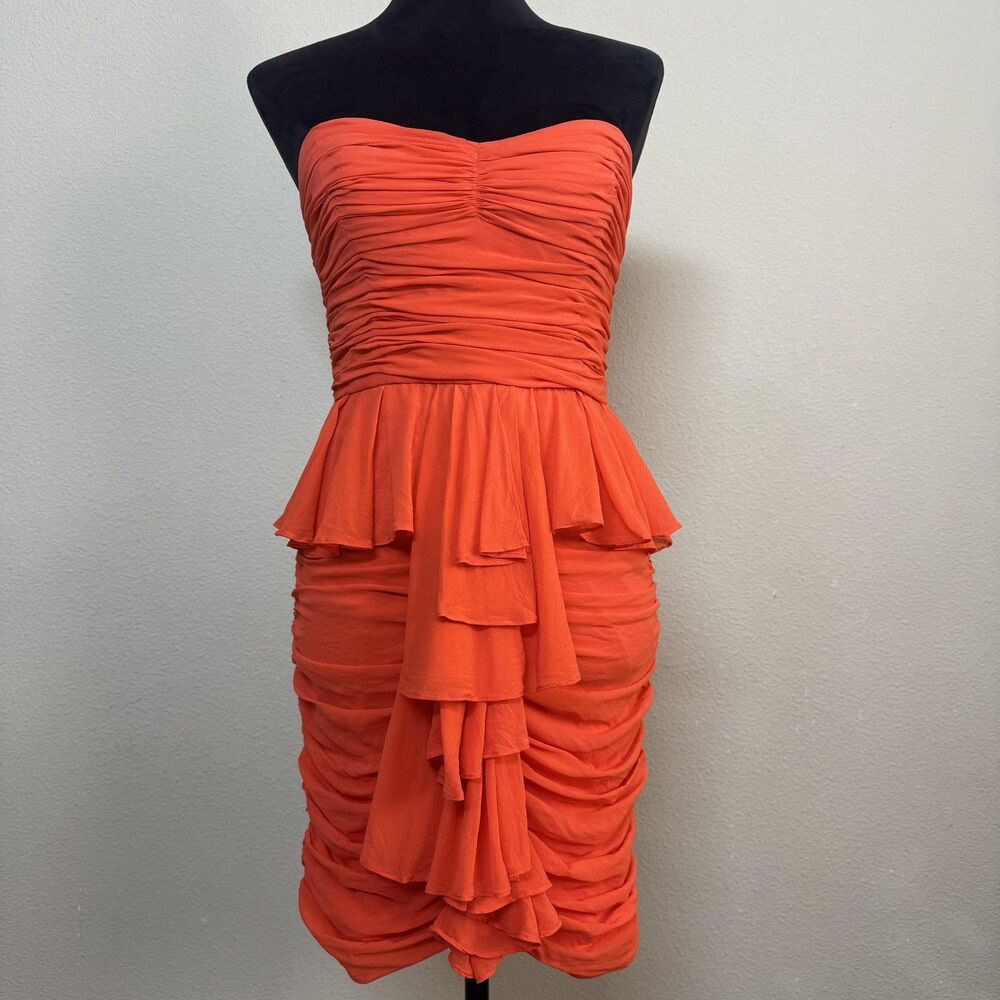 Jill Stuart Dress Womens 4 Orange Strapless Silk Peplum Ruffle Ruched Party